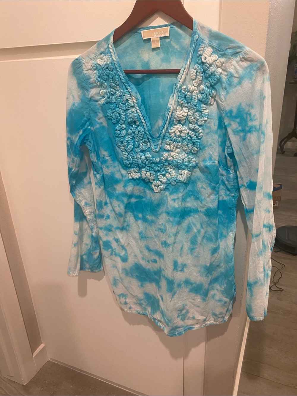 MICHAEL Michael Kors Turquoise Tie-Dye Embroidered V-Neck Tunic